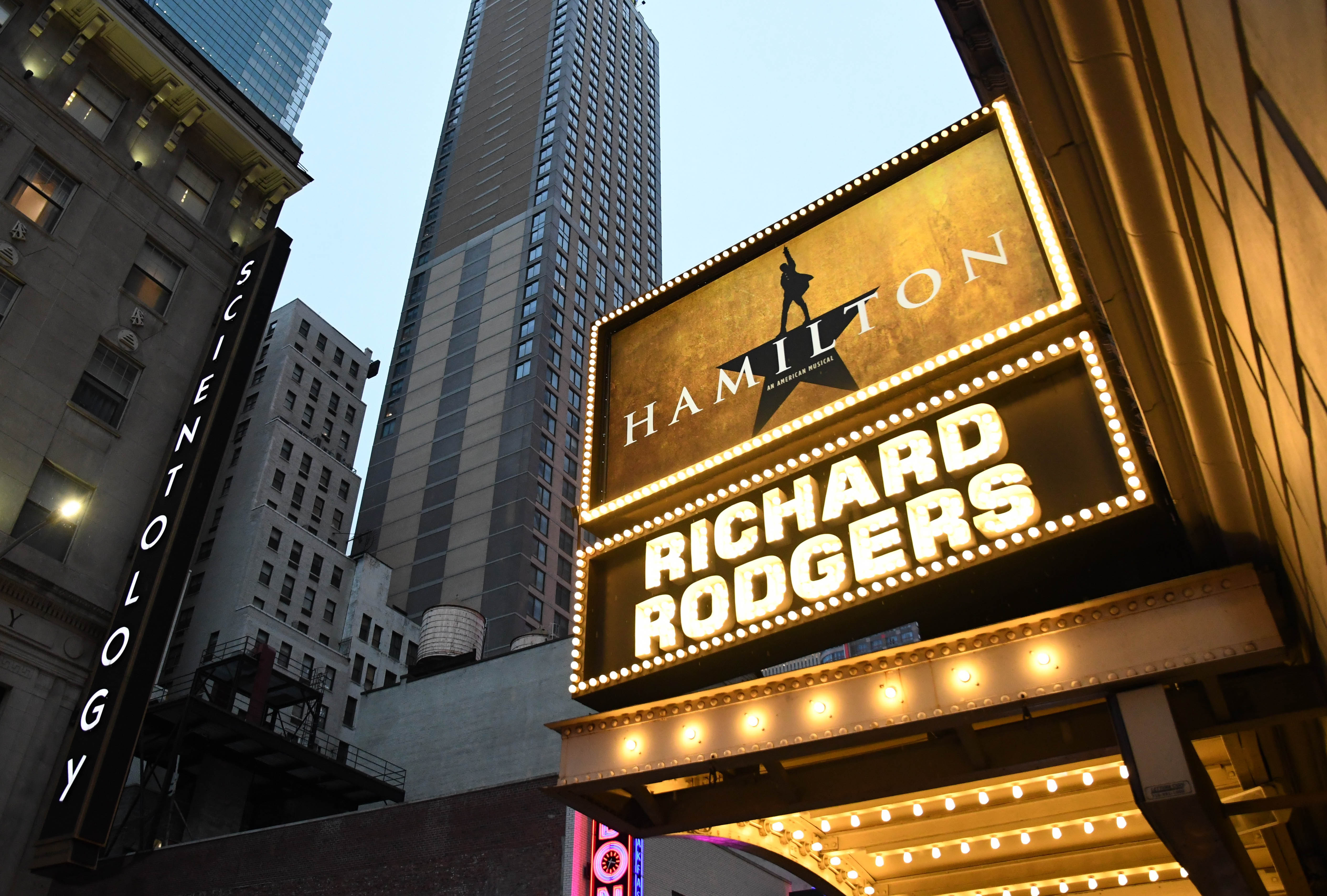 picture of broadway board featuring Hamilton