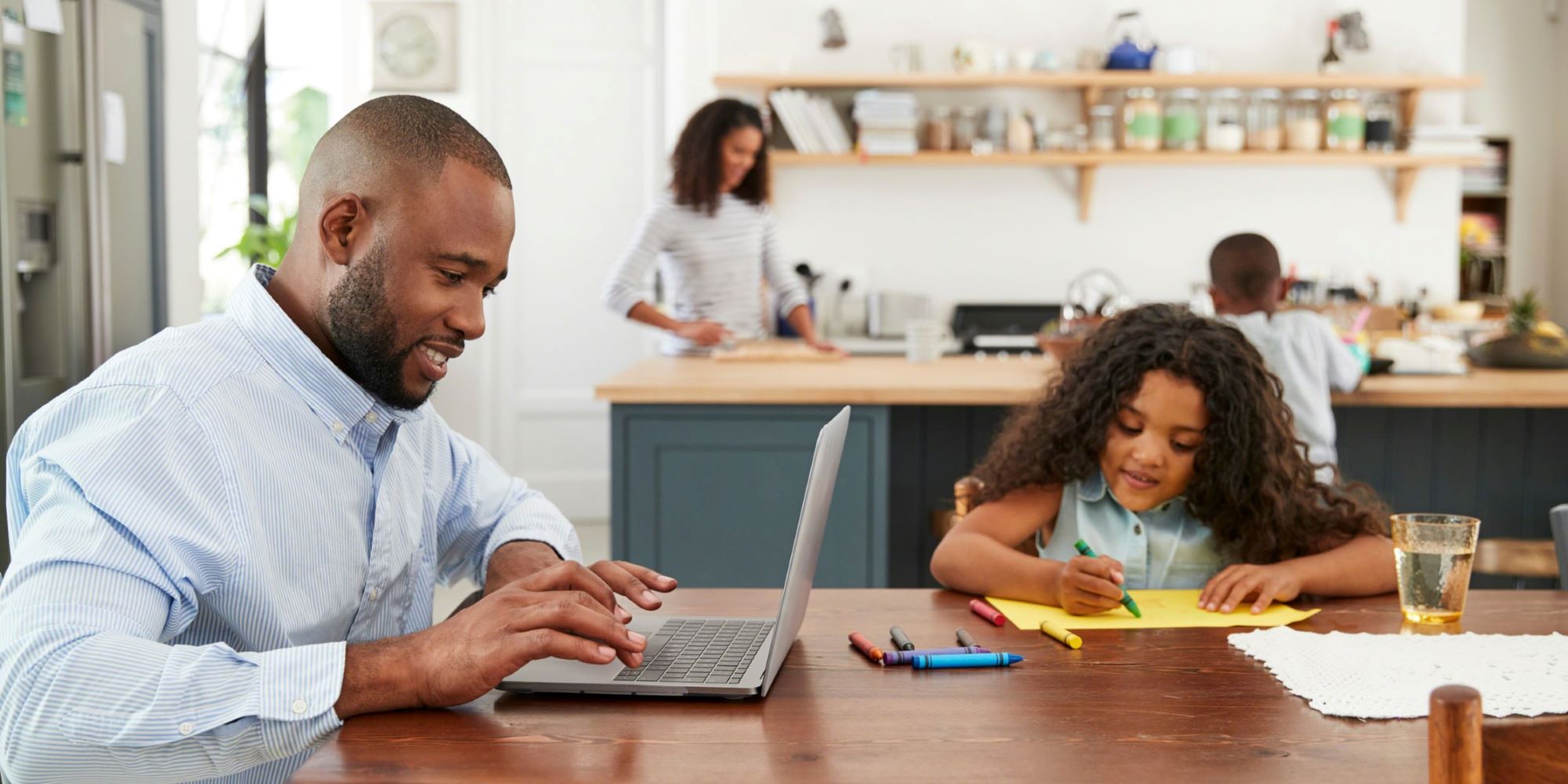 family working and learning from home