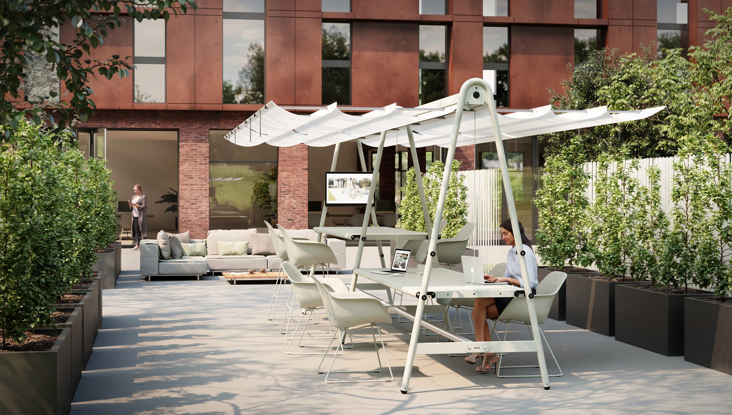 outdoor corporate space with integrated technology and outdoor furniture solutions