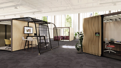 3 wood and iron slated quiet zones in a community based workplace setting 