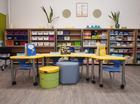 elementary school library setup with flexible furniture